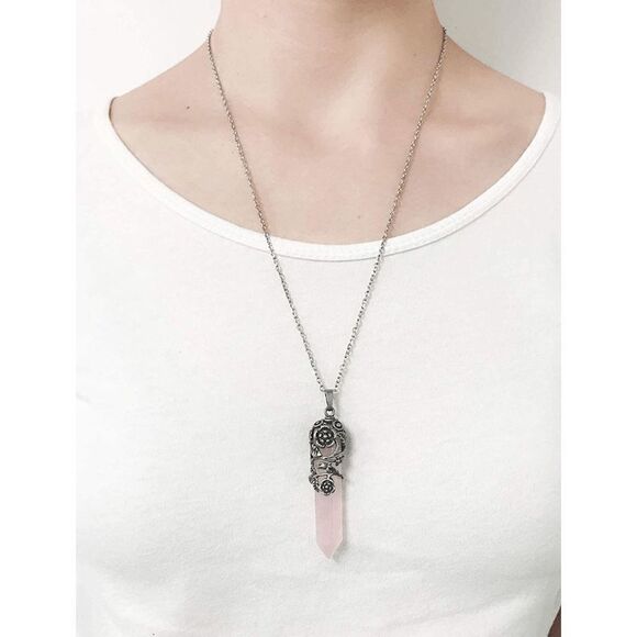 Silver Flower Wrapped In Natural Rose Quartz Pendant Necklace Healing Gift - Picture 2 of 6